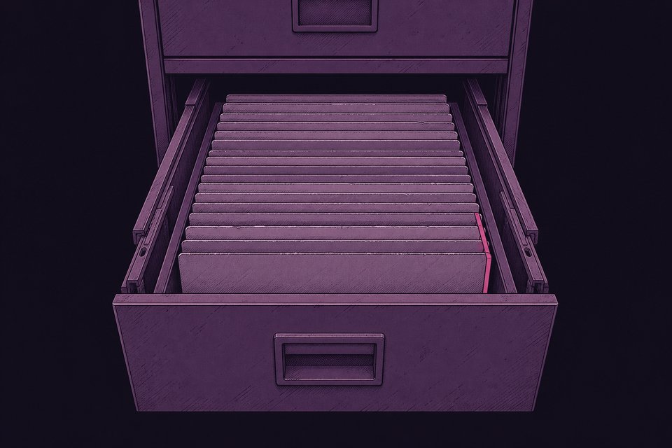 A pulled-open flat archival storage drawer in a grey steel cabinet, holding tightly packed upright card folders seen from above.