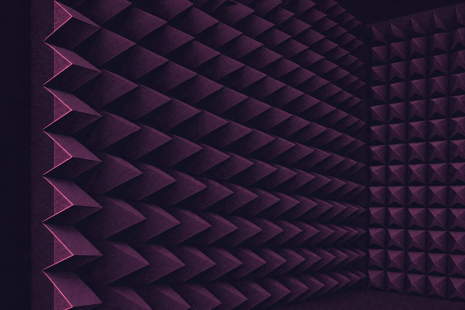 Rows of pyramidal radio-frequency absorber cones receding along the wall of an anechoic test chamber.