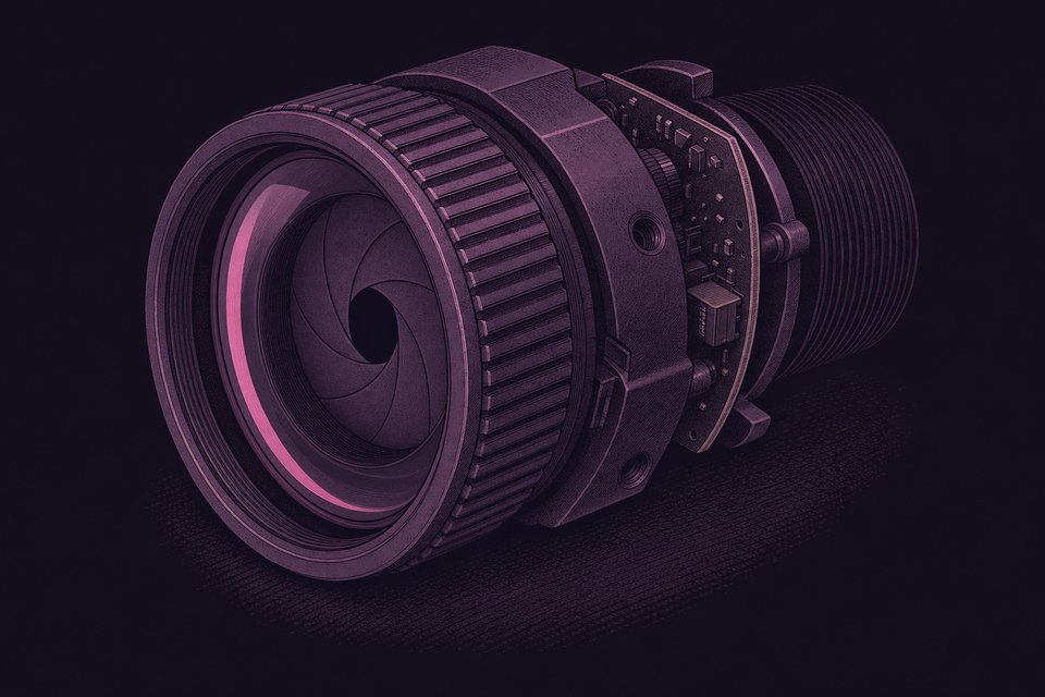 A bare surveillance camera lens assembly on a bench, drawn close, showing the front glass element, the knurled focus ring and the iris blades behind it.
