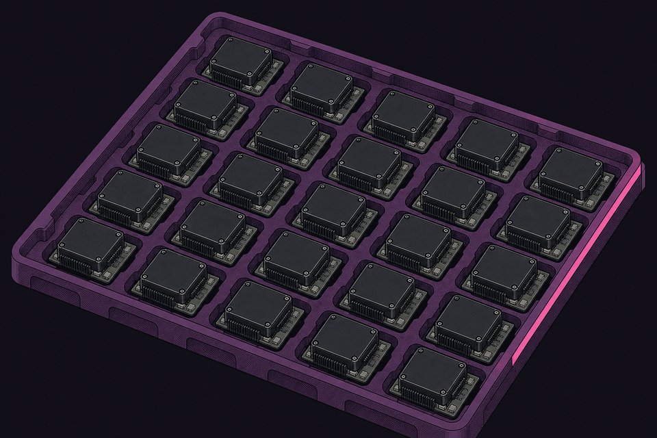 An antistatic tray holding a regular grid of identical small shielded hardware modules, each a matte black metal can on a bare circuit board.