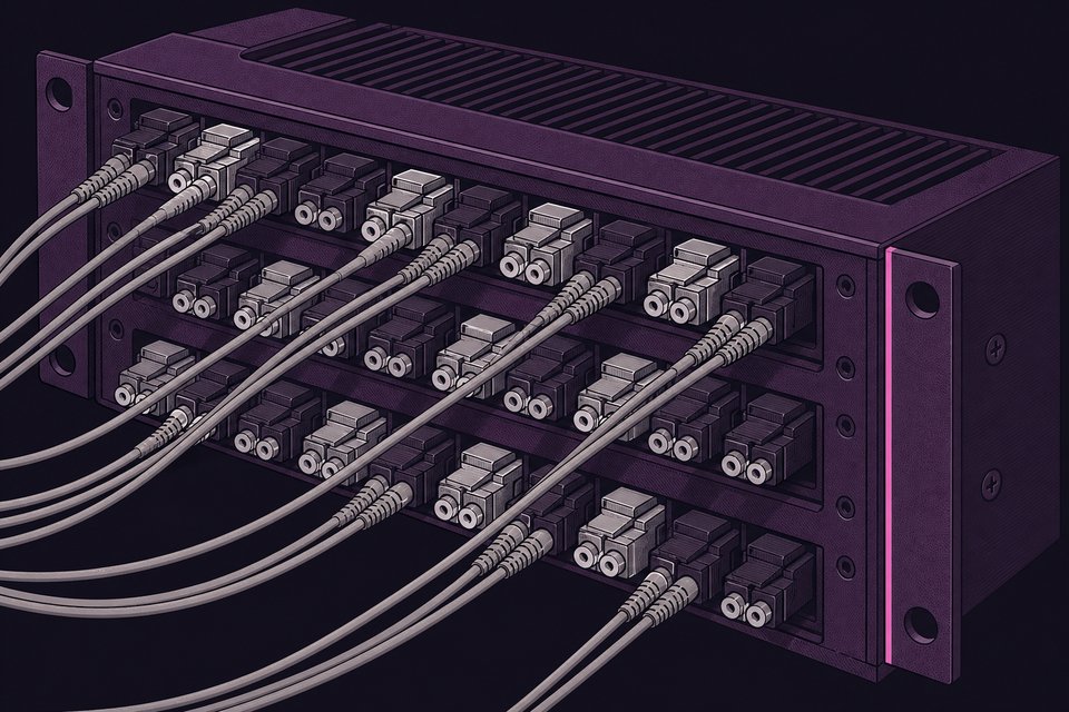 A dense unlit fibre-optic patch panel at a shallow angle, rows of duplex optical connectors seated in a black anodised rack frame.