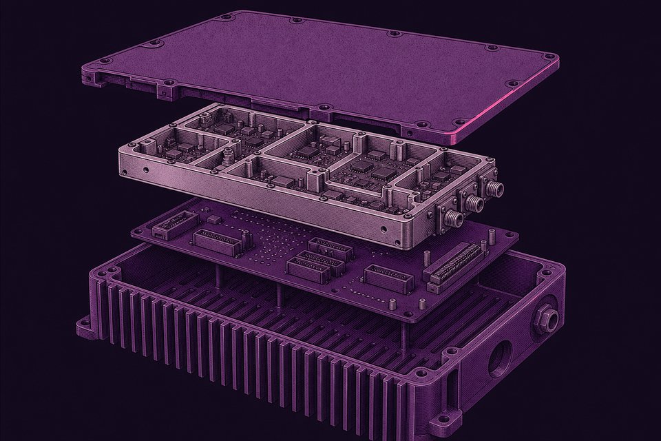 A base-station remote radio unit opened to show its internal layers: a finned cast heatsink, a shielded radio-frequency module and a bare backplane board.