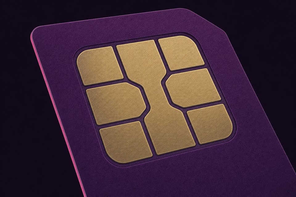 The gold contact pad of a subscriber identity module card at plate scale, its plated pads and etched channels filling the frame.